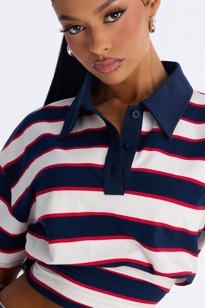 Caroline Striped Sinched Waist Short Sleeve Polo - Navy/combo