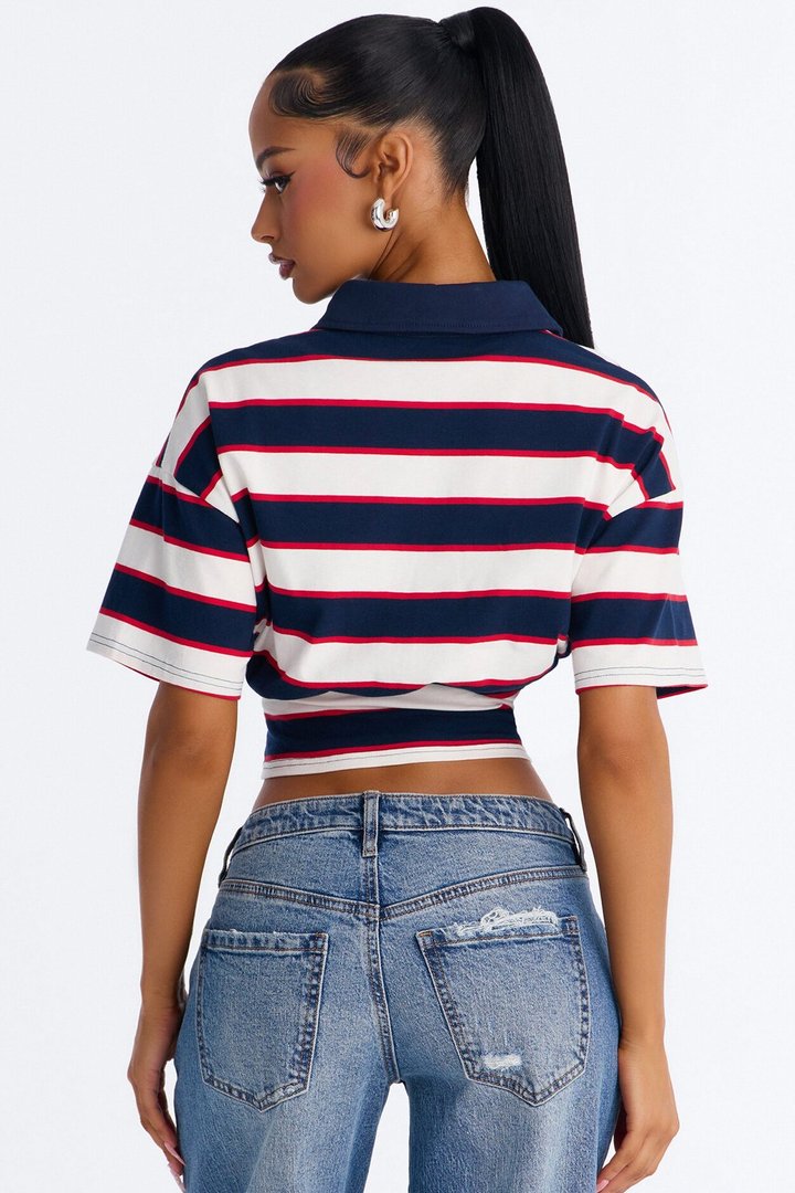 Caroline Striped Sinched Waist Short Sleeve Polo - Navy/combo
