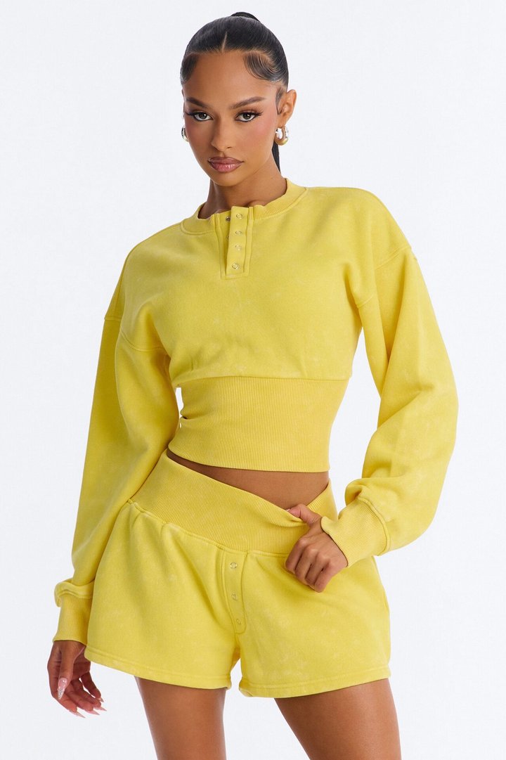 Reese Cinched Waist Fleece Short Set - Yellow