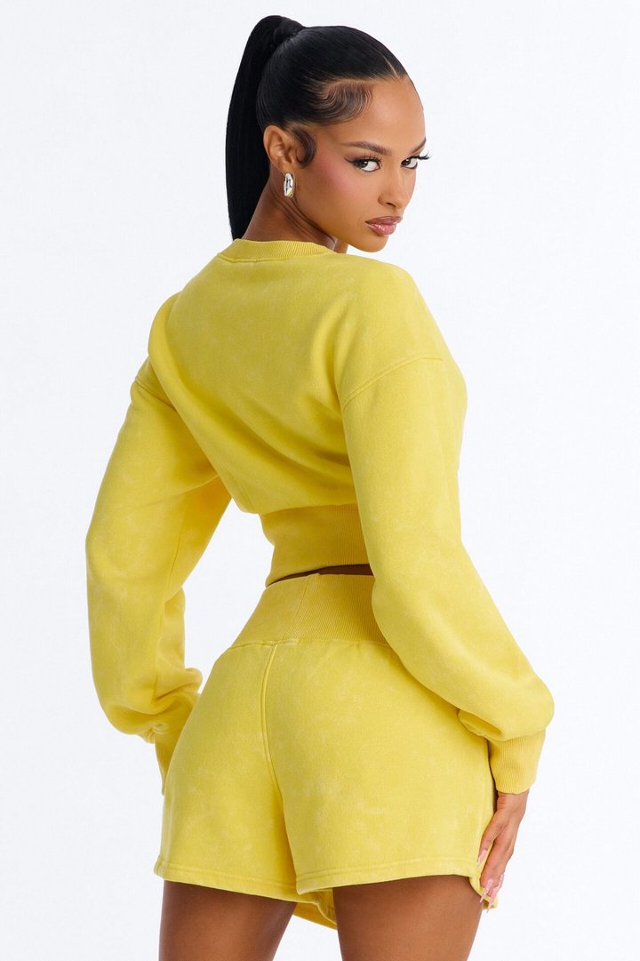 Reese Cinched Waist Fleece Short Set - Yellow