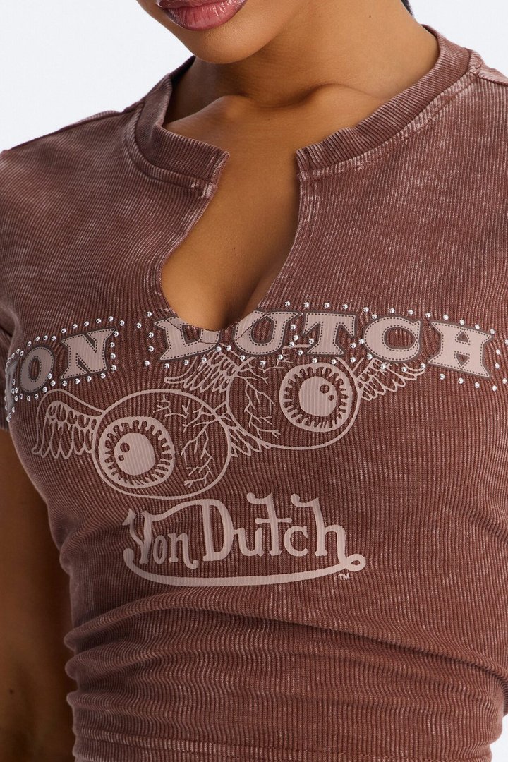 Von Dutch Notch Neck Washed Baby Tee - Brown