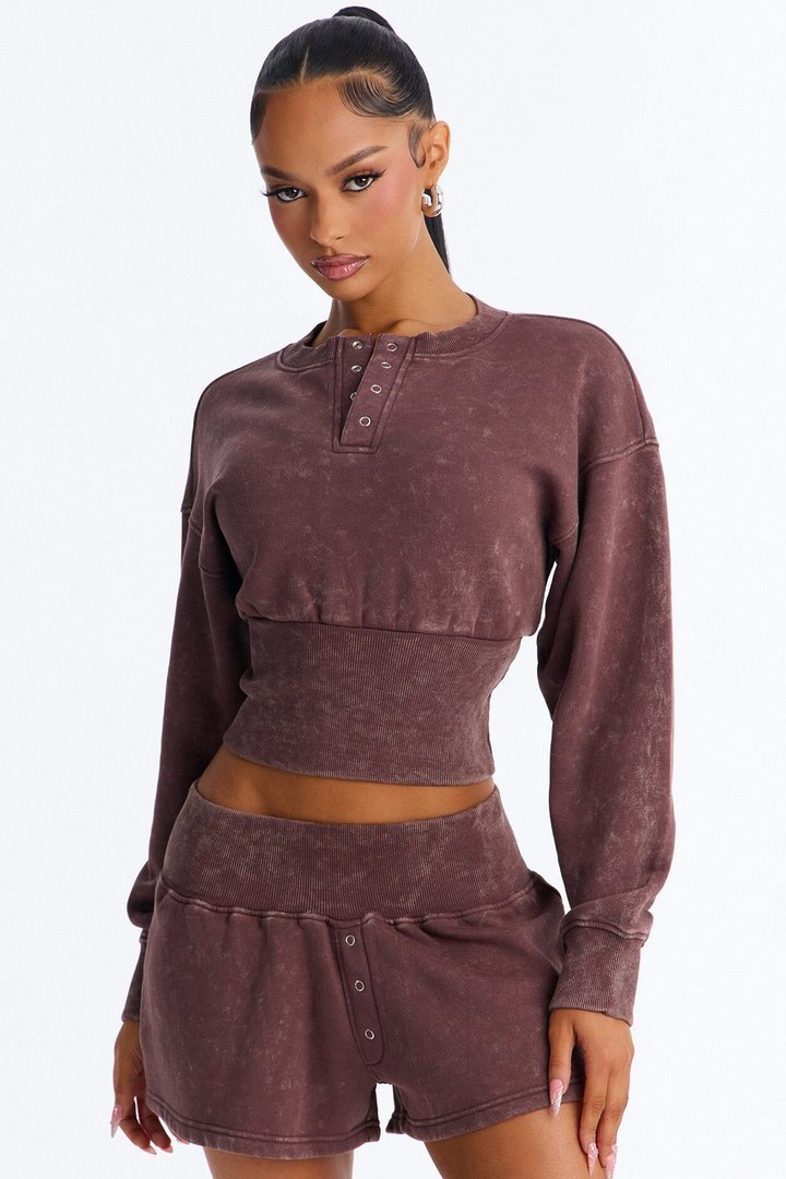 Reese Cinched Waist Fleece Short Set - Chocolate