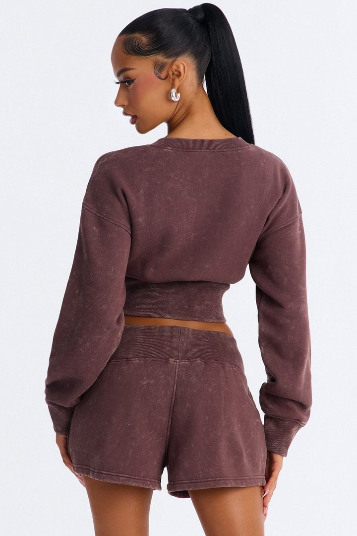 Reese Cinched Waist Fleece Short Set - Chocolate