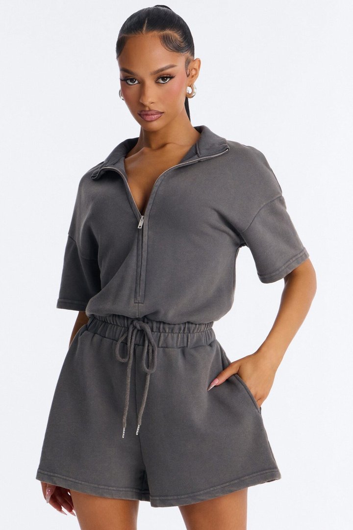 Busy Schedule Washed French Terry Romper - Charcoal