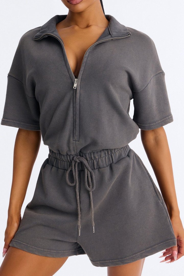 Busy Schedule Washed French Terry Romper - Charcoal