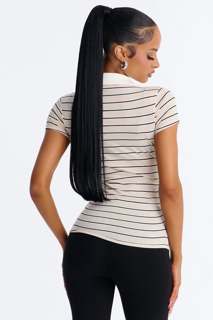 Leena Striped Short Sleeve Polo Top - Taupe/combo