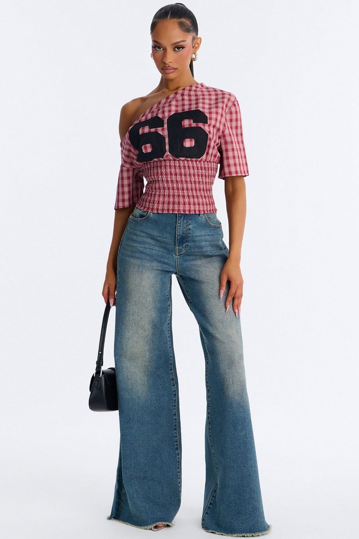 Plaid And Sporty Off Shoulder Top - Red