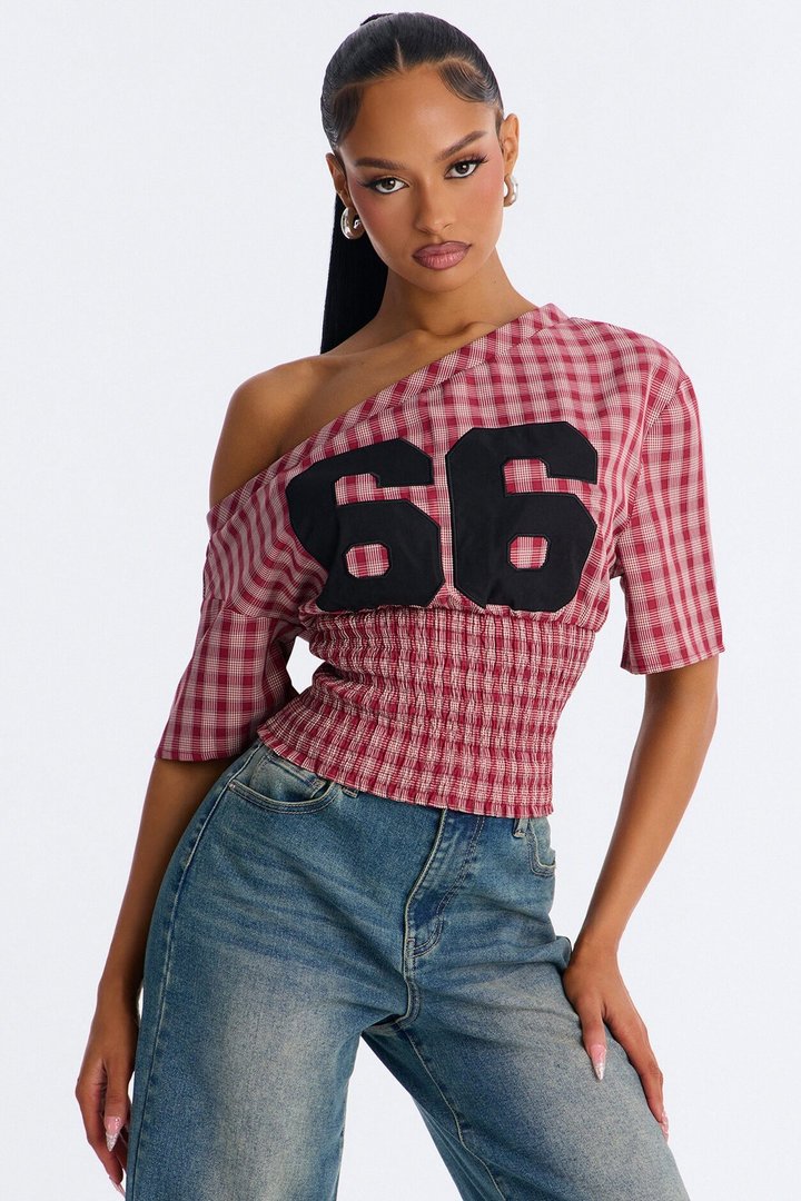 Plaid And Sporty Off Shoulder Top - Red