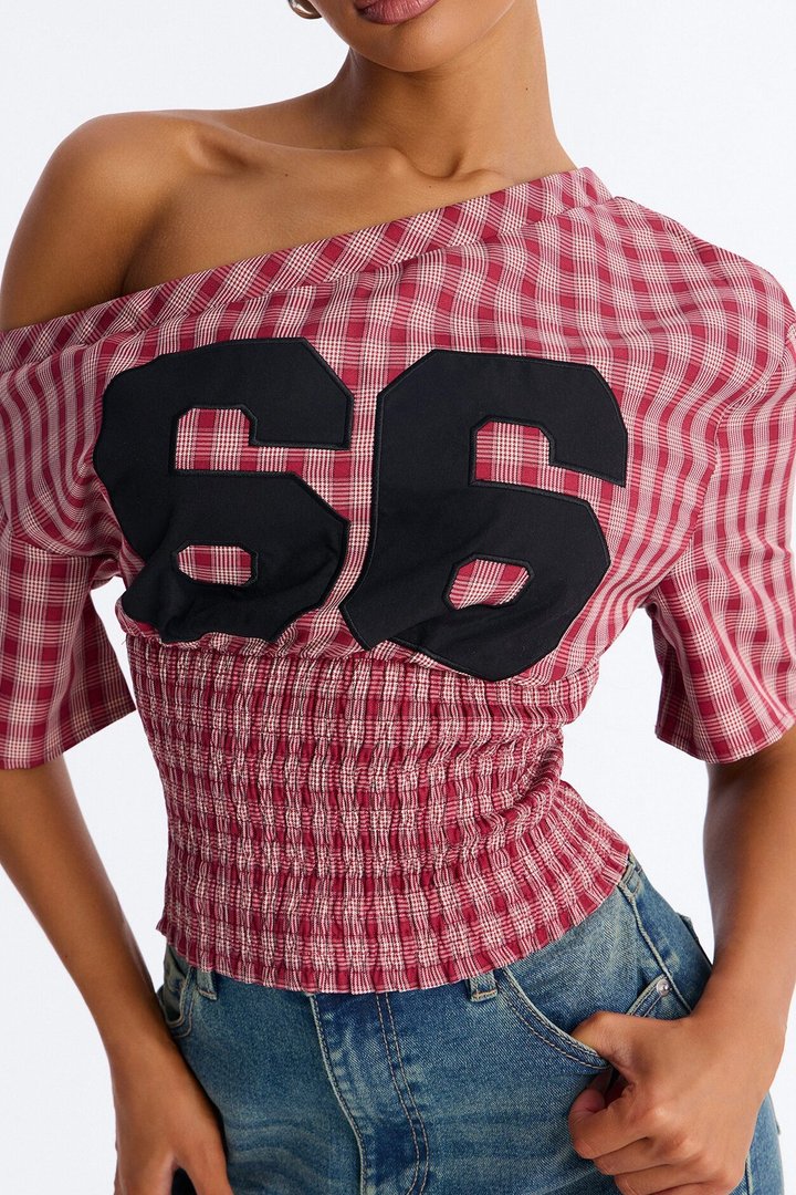 Plaid And Sporty Off Shoulder Top - Red