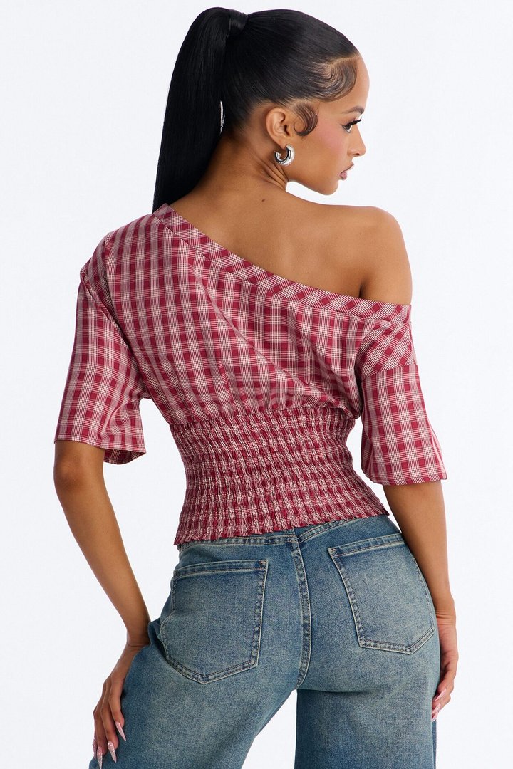 Plaid And Sporty Off Shoulder Top - Red