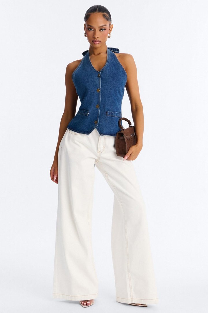 Sena Open Back Denim Halter Top - Indigo