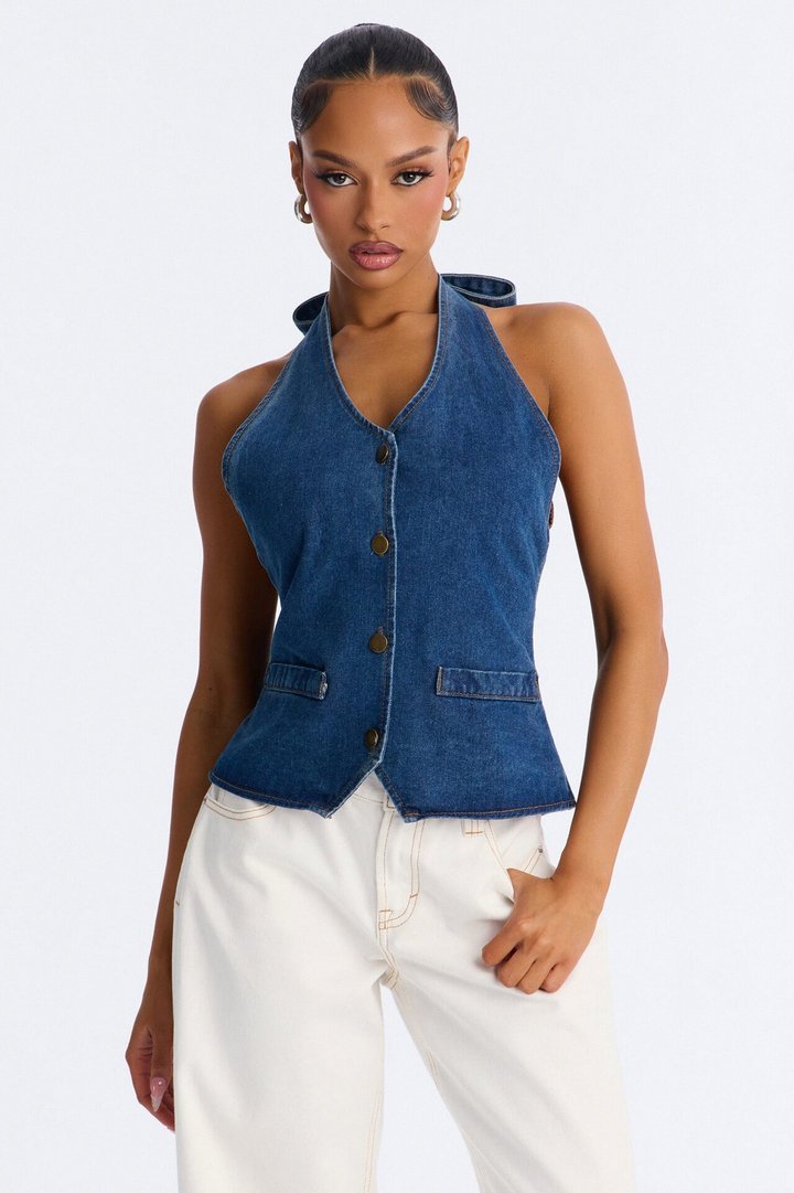 Sena Open Back Denim Halter Top - Indigo