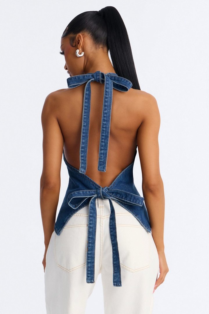 Sena Open Back Denim Halter Top - Indigo