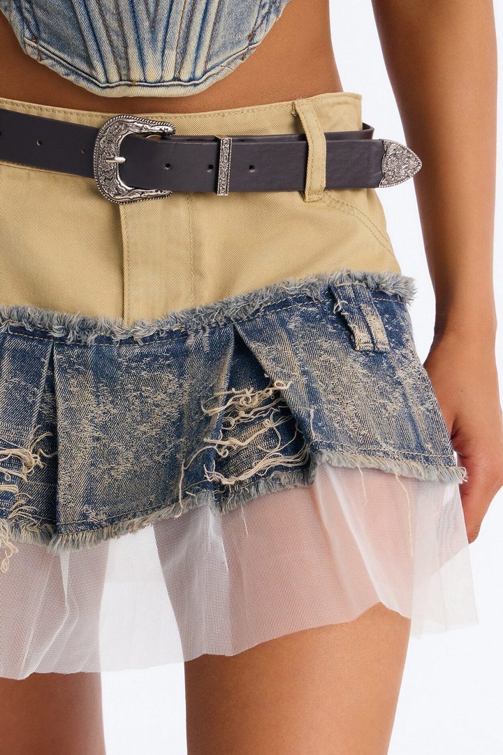 Halsey Belted Denim Tulle Micro Mini Skirt - Vintage Wash