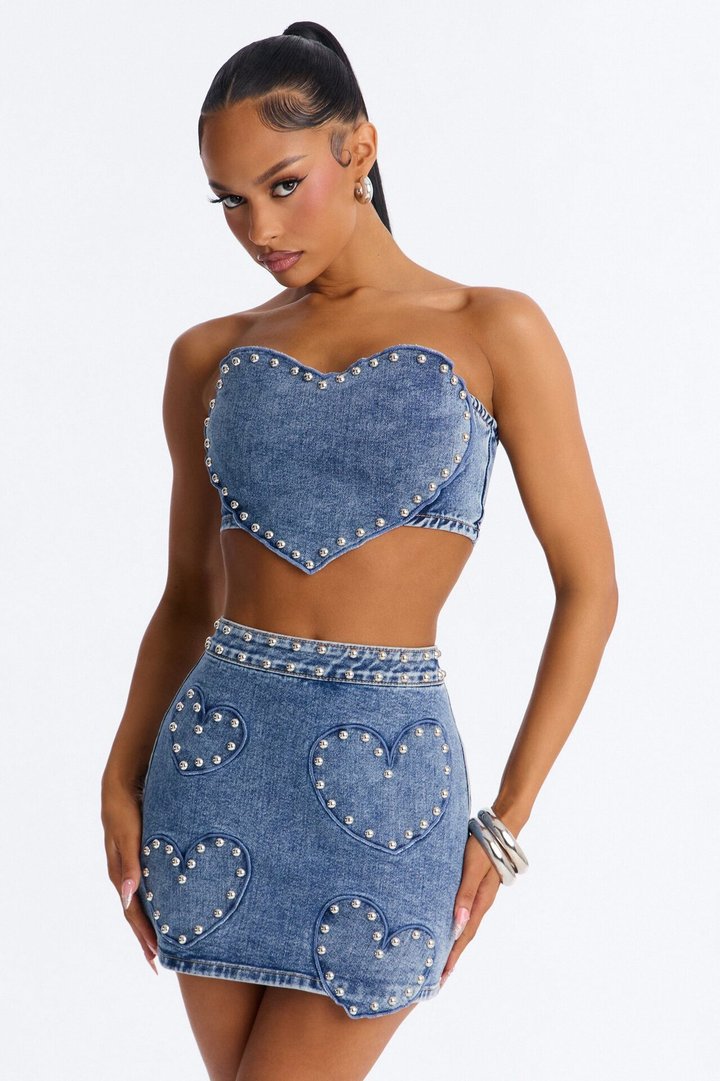 Studded Love Denim Skirt Set - Medium Wash