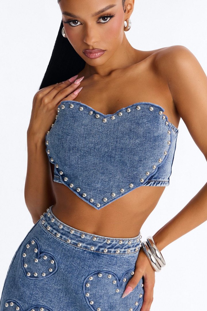 Studded Love Denim Skirt Set - Medium Wash
