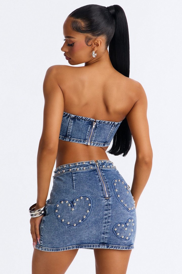 Studded Love Denim Skirt Set - Medium Wash