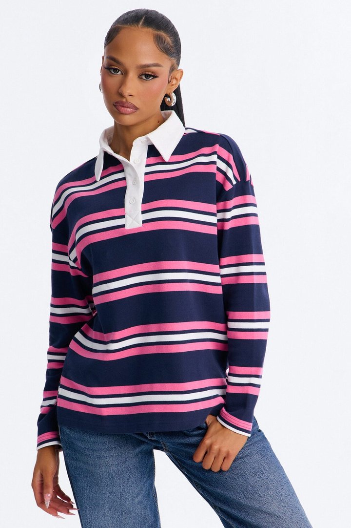 Jamie Striped Long Sleeve Polo - Navy/combo