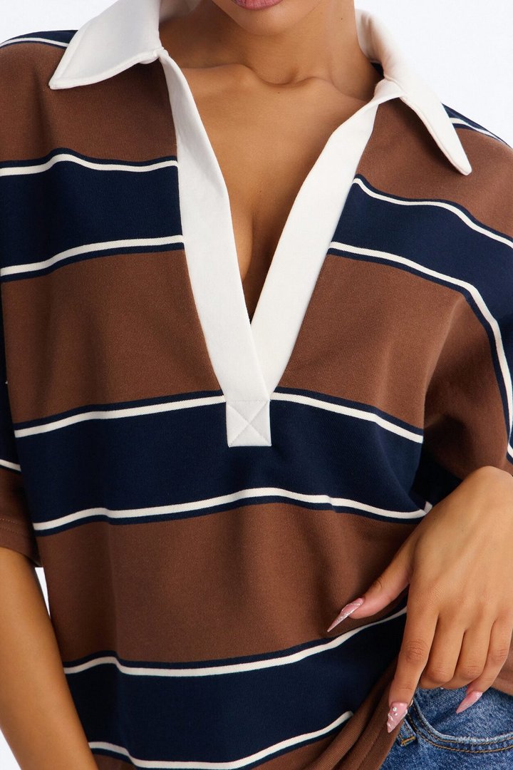 Emerson Striped Short Sleeve Polo Top - Brown/combo