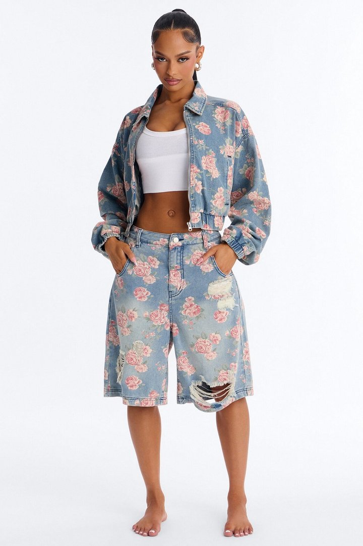 You Grow Girl Printed Denim Bomber Jacket - Vintage Wash