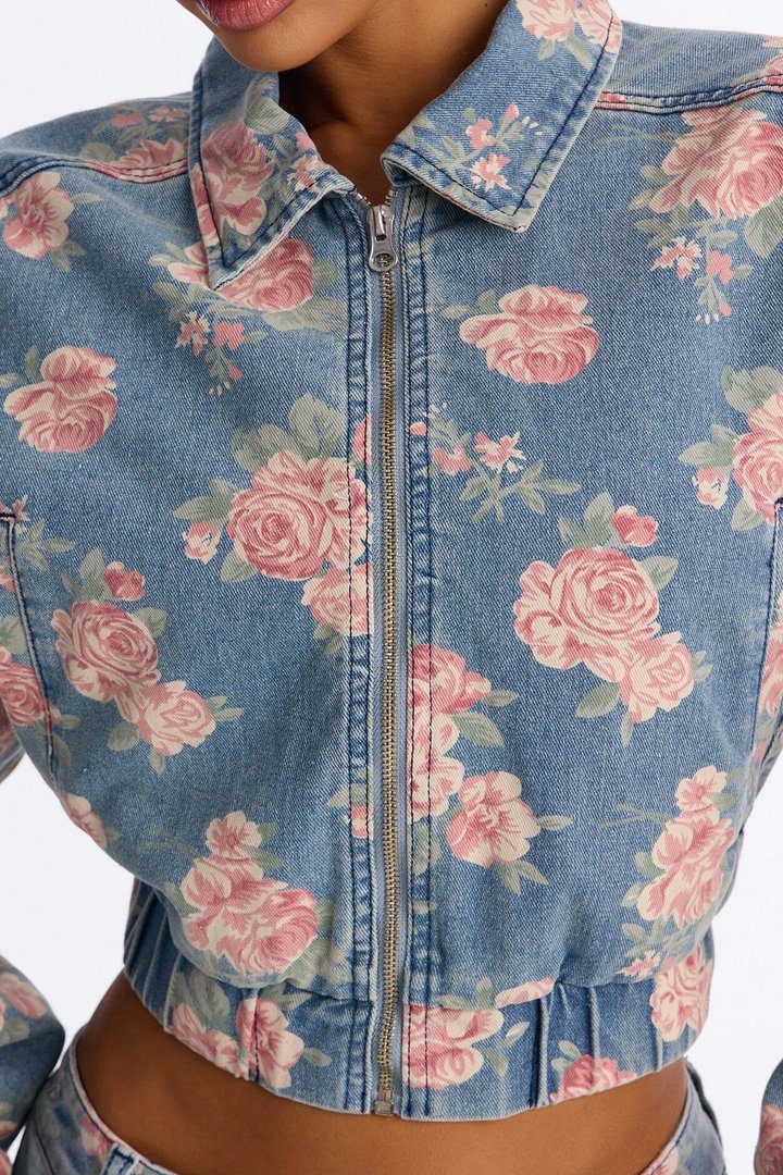 You Grow Girl Printed Denim Bomber Jacket - Vintage Wash