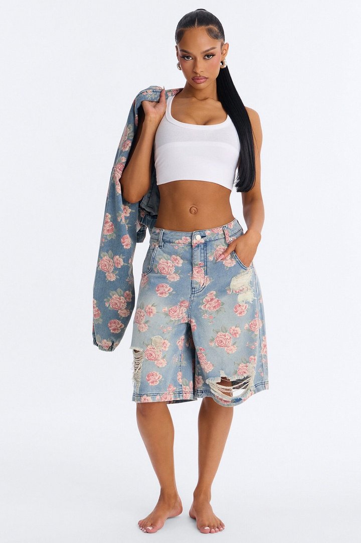 You Grow Girl Ripped Printed Denim Jorts - Vintage Wash