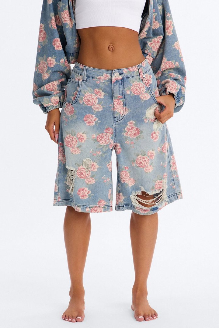 You Grow Girl Ripped Printed Denim Jorts - Vintage Wash