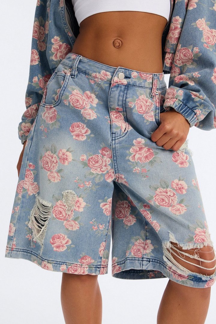 You Grow Girl Ripped Printed Denim Jorts - Vintage Wash