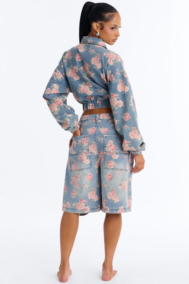 You Grow Girl Ripped Printed Denim Jorts - Vintage Wash