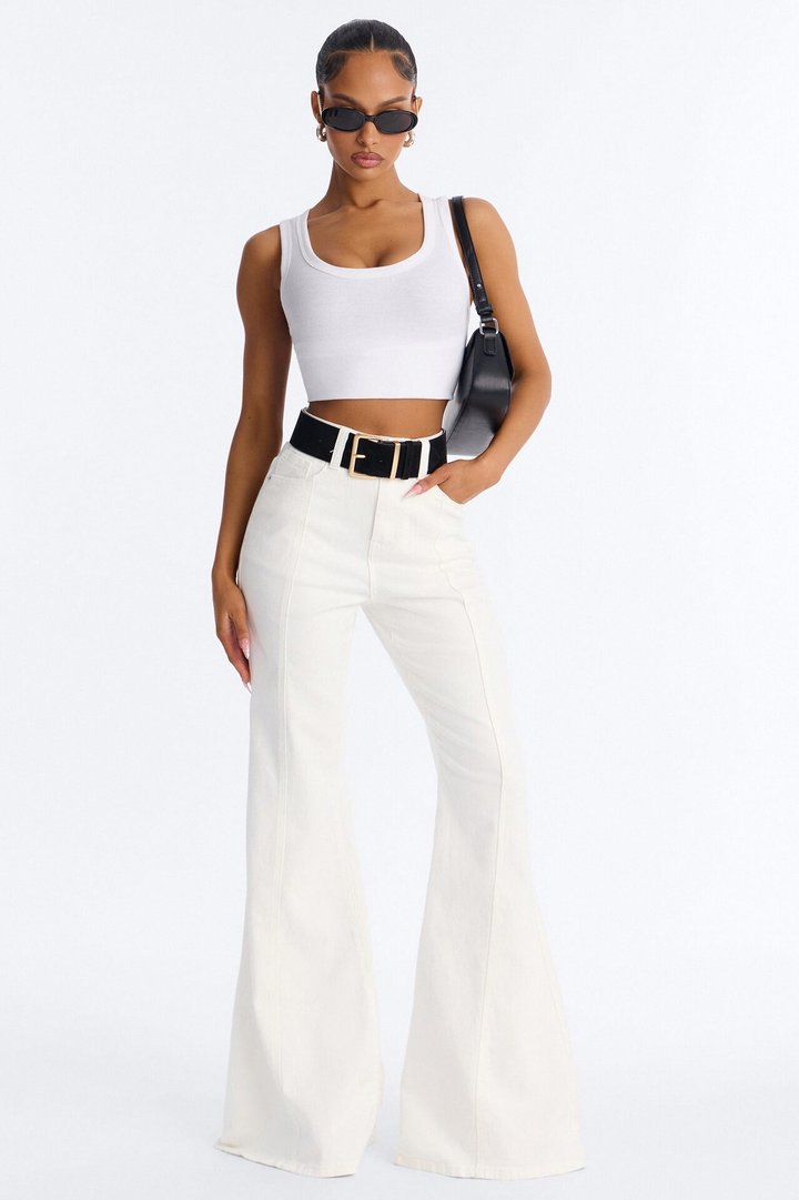 Mel High Rise Stretch Bell Bottom Flare Jeans - Cream