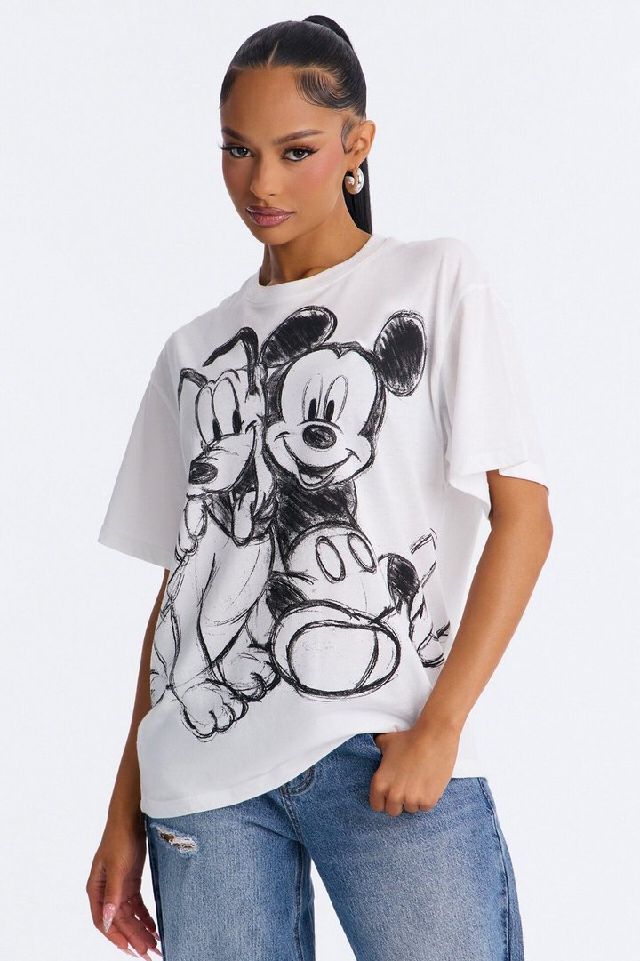 Mickey Mouse And Pluto Drop Shoulder Tee - White
