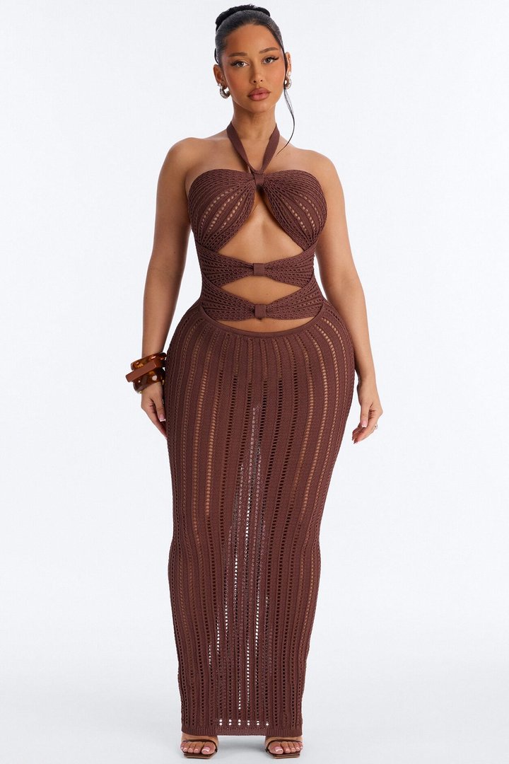 Bailey Halter Crochet Maxi Dress - Brown