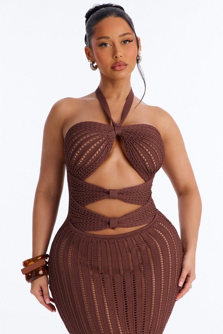 Bailey Halter Crochet Maxi Dress - Brown