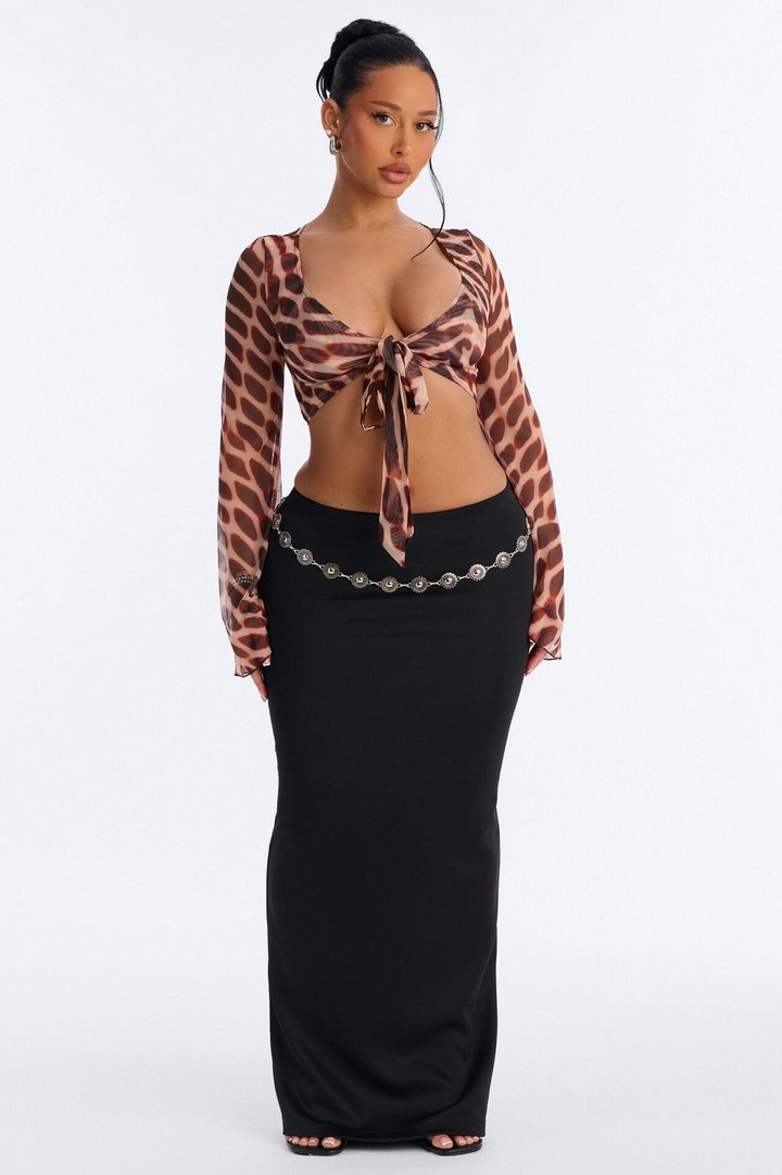 Morocco Mami Abstract Mesh Tie Front Crop Top - Brown/combo