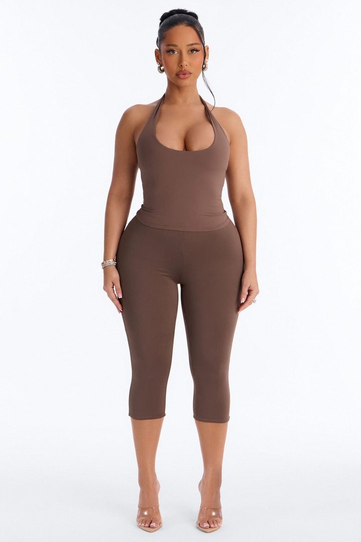Second Skin Double Lined Twist U Neck Halter Top - Brown