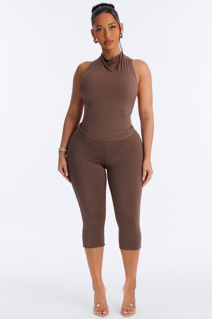 Second Skin Double Lined Mock Neck Racerback Top - Brown