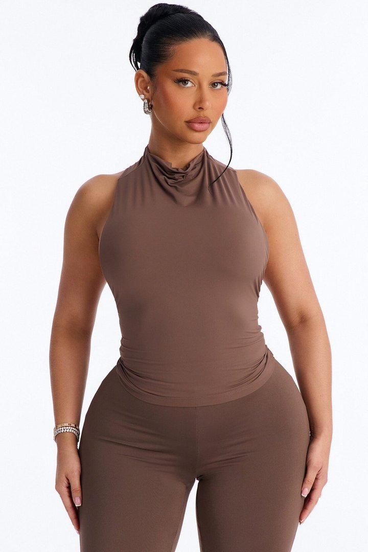 Second Skin Double Lined Mock Neck Racerback Top - Brown