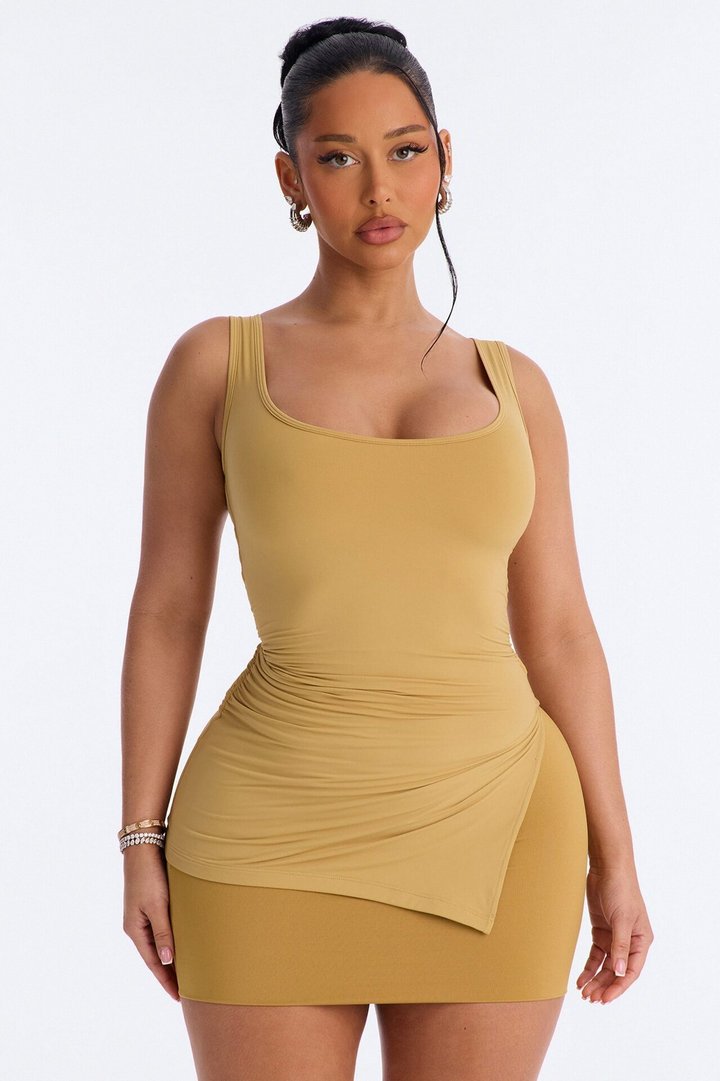 Second Skin Double Line Asymmetrical Ruched Tank Top - Honey