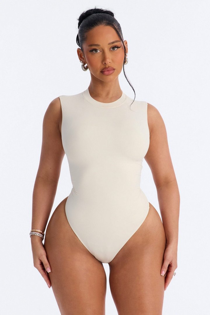 Second Skin Double Lined Mock Neck Sleeveless Bodysuit - Bone
