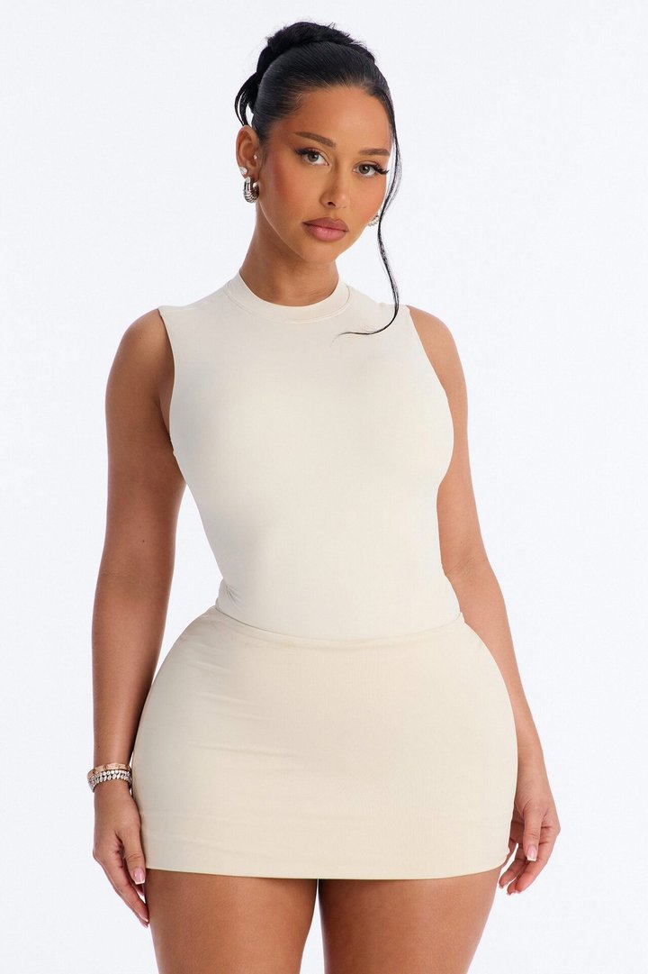 Second Skin Double Lined Mock Neck Sleeveless Bodysuit - Bone