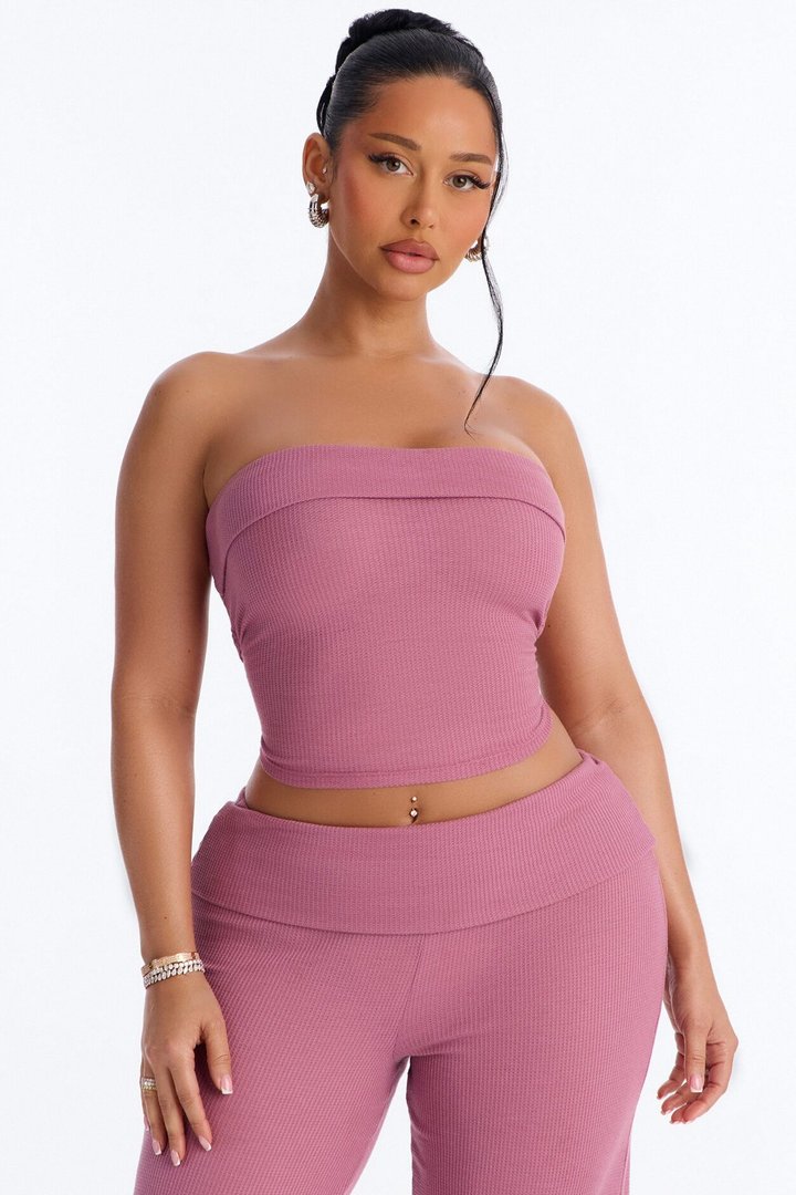 Megan Waffle Knit Foldover Waist Pant Set - Mauve