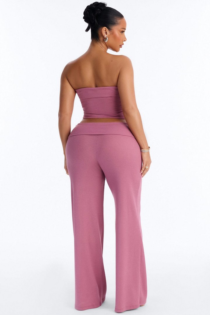 Megan Waffle Knit Foldover Waist Pant Set - Mauve
