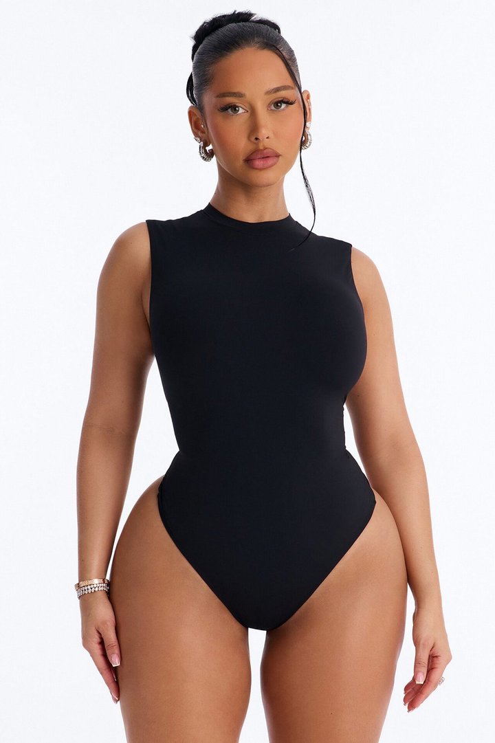 Second Skin Double Lined Mock Neck Sleeveless Bodysuit - Black