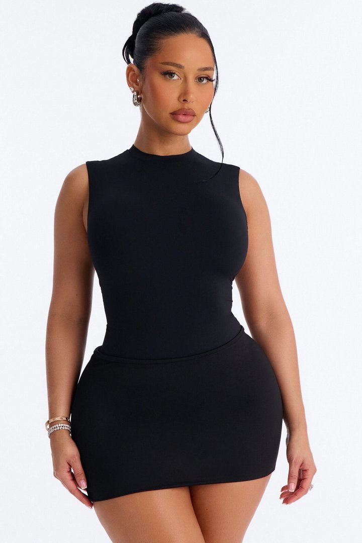 Second Skin Double Lined Mock Neck Sleeveless Bodysuit - Black