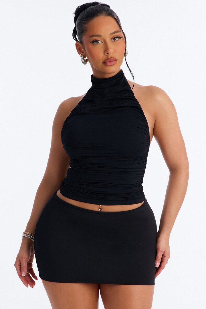 Second Skin Double Lined Ruched Mock Neck Halter Top - Black