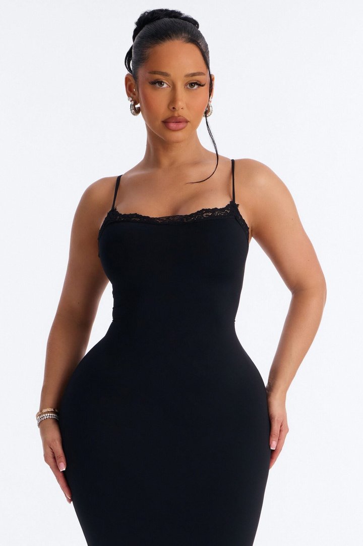 Second Skin Double Lined Lace Trim Cami Maxi Dress - Black