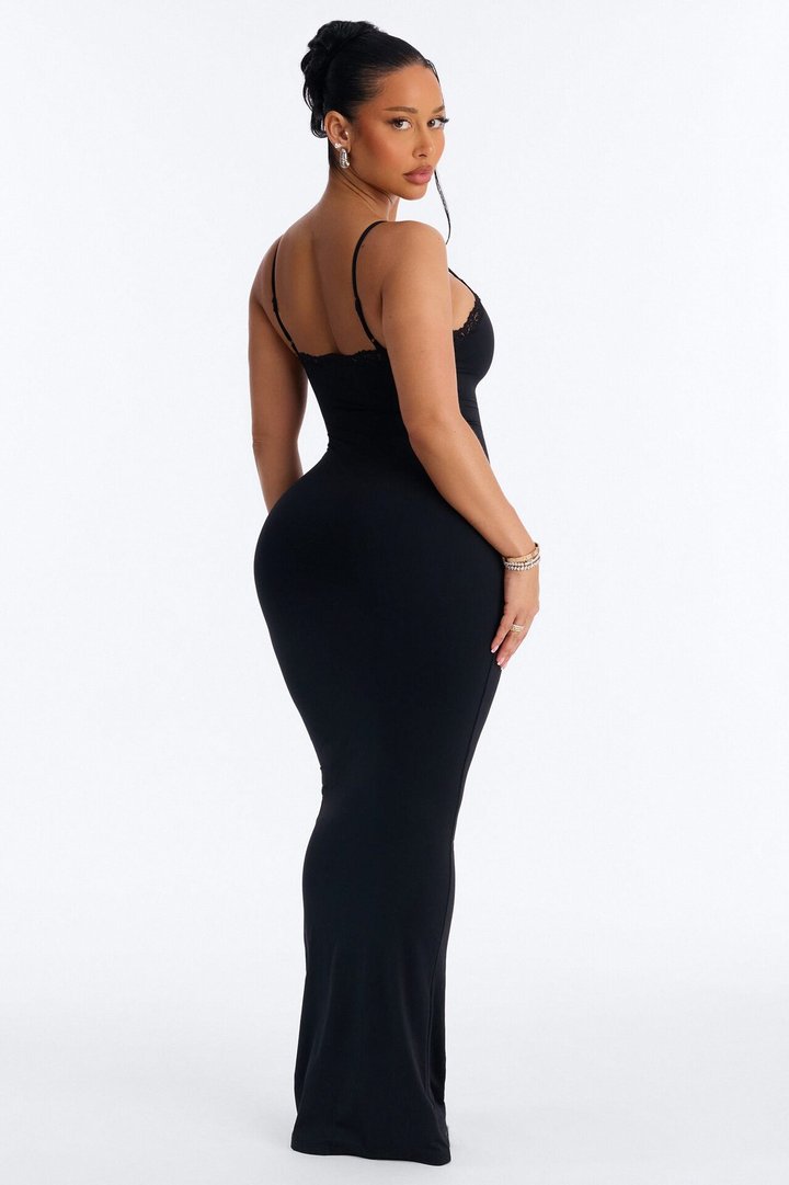 Second Skin Double Lined Lace Trim Cami Maxi Dress - Black