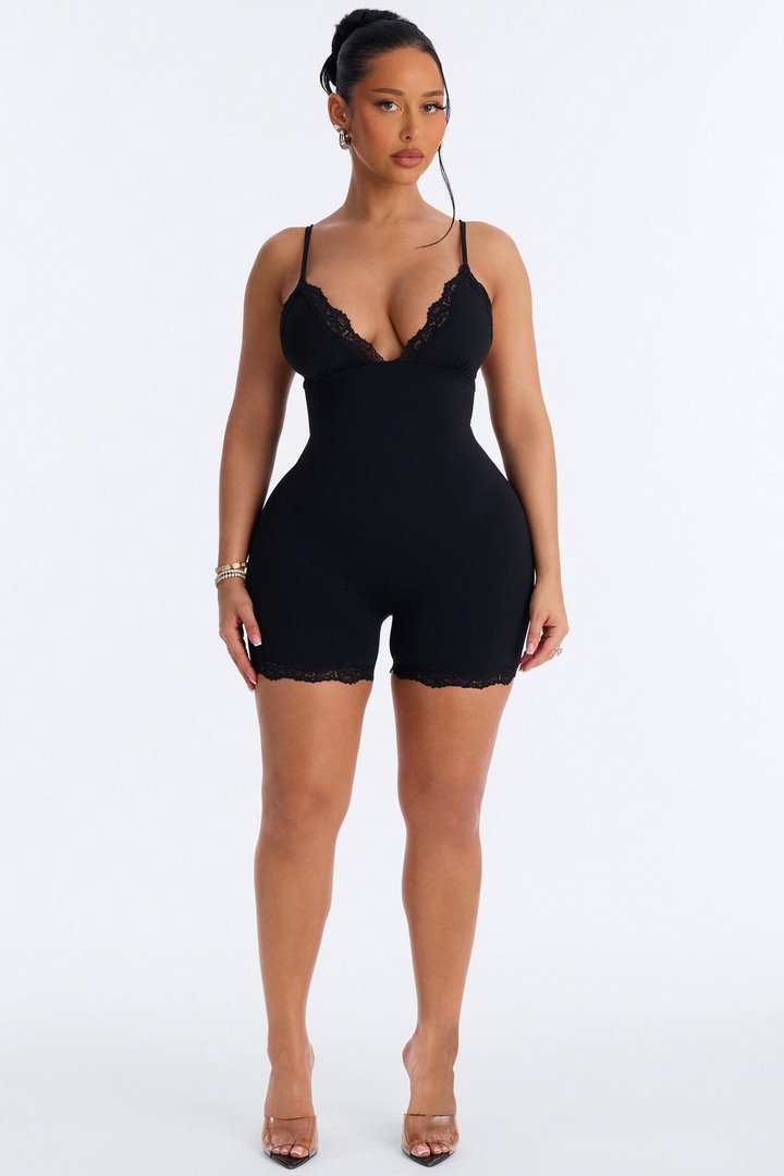 Second Skin Double Lined Lace Trim Tank Romper - Black