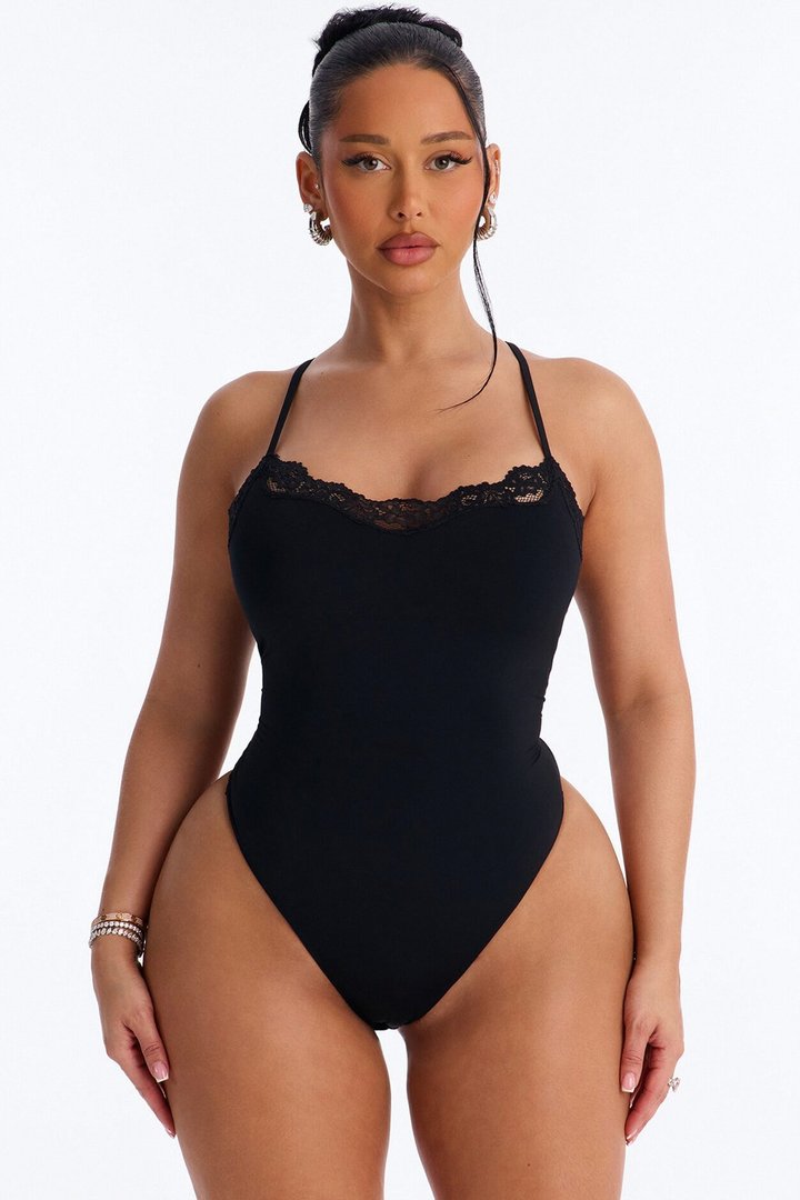 Second Skin Double Lined Lace Trim Cami Bodysuit - Black