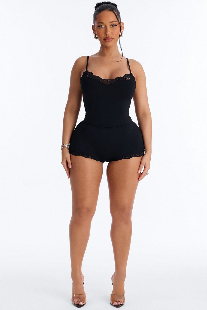 Second Skin Double Lined Lace Trim Cami Bodysuit - Black